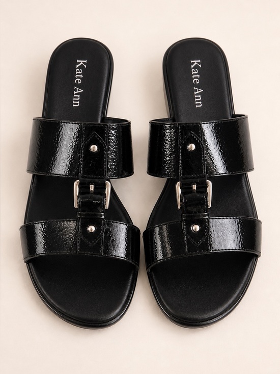 Kate Ann Shoes - Kate Ann Black Patent Wedge Slide Sandals Silver Accent Size 6.5M